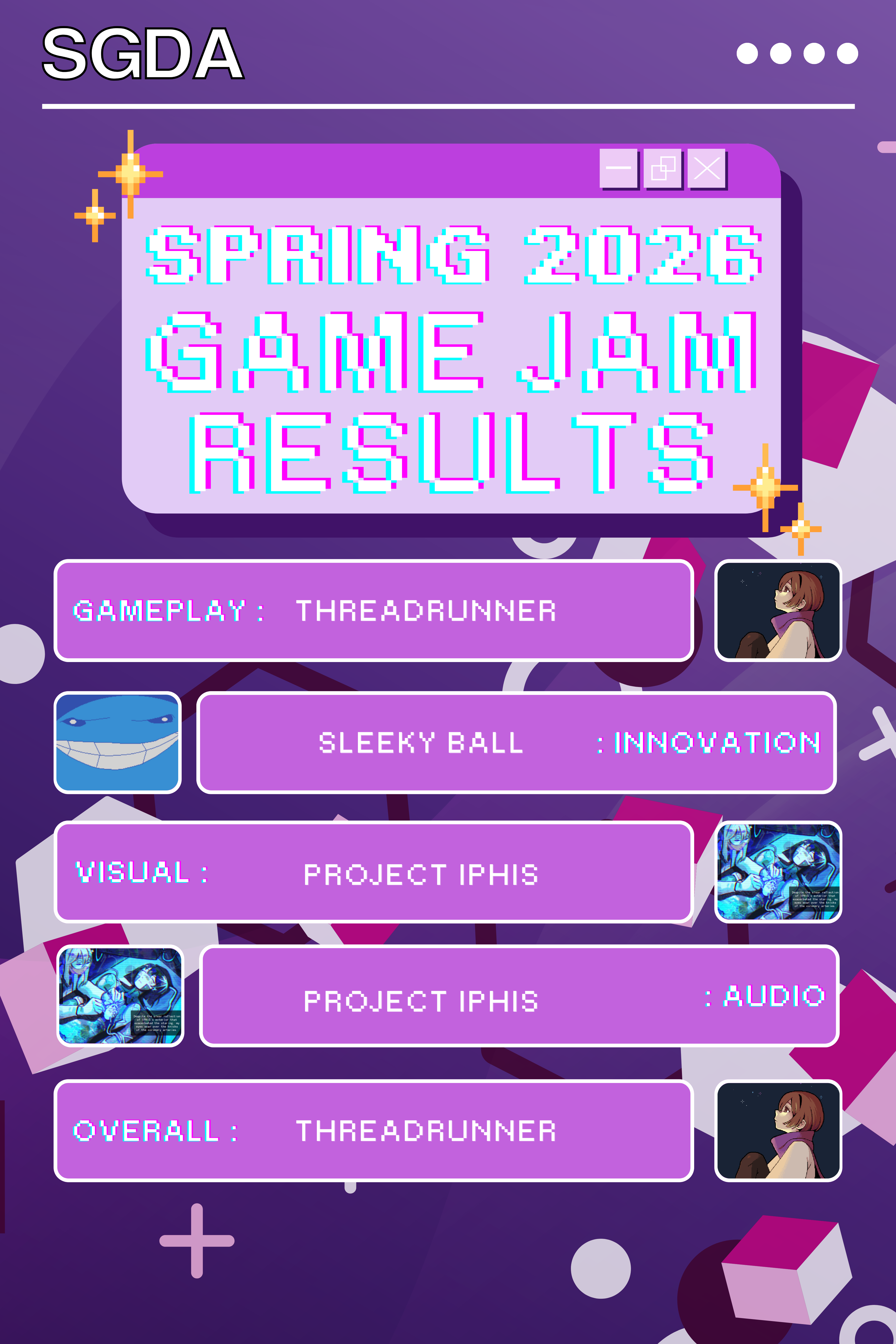 This is a poster of the jam's winners. Please look below for that information typed out!